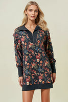 Doe & Rae Floral Half Zip Up Sweatshirt Dress in Black Multi