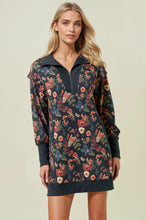 Load image into Gallery viewer, Doe &amp; Rae Floral Half Zip Up Sweatshirt Dress in Black Multi
