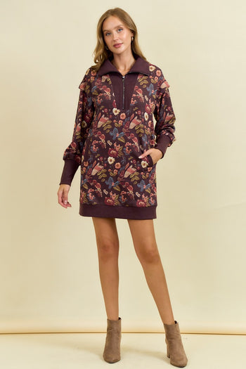 Doe & Rae Floral Half Zip Up Sweatshirt Dress in Burgundy Multi