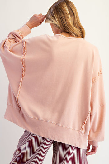 Easel OVERSIZED Eyelet Lace Bow Patched Top in Dusty Pink