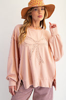 Easel OVERSIZED Eyelet Lace Bow Patched Top in Dusty Pink