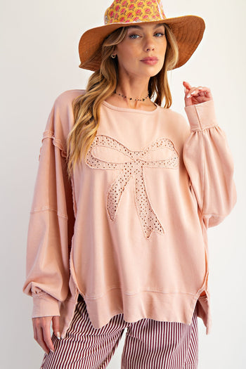 Easel OVERSIZED Eyelet Lace Bow Patched Top in Dusty Pink