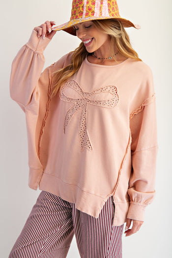 Easel OVERSIZED Eyelet Lace Bow Patched Top in Dusty Pink