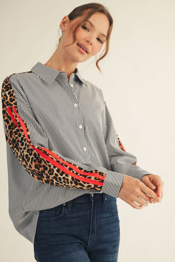 Jodifl Contrasting Stripe and Leopard Print Top in Black