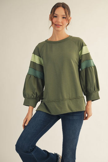 Jodifl Color Block Detailed  Terry Knit Top in Olive