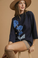 Umgee Flower Knit Sweater Top in Navy