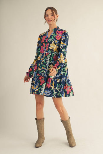 Jodifl Floral Print Babydoll Mini Dress in Navy