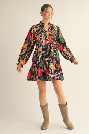 Jodifl Floral Print Babydoll Mini Dress in Black