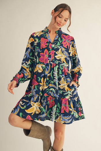 Jodifl Floral Print Babydoll Mini Dress in Navy