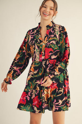 Jodifl Floral Print Babydoll Mini Dress in Black