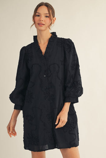 Jodifl 3D Floral Button Down Mini Dress in Black