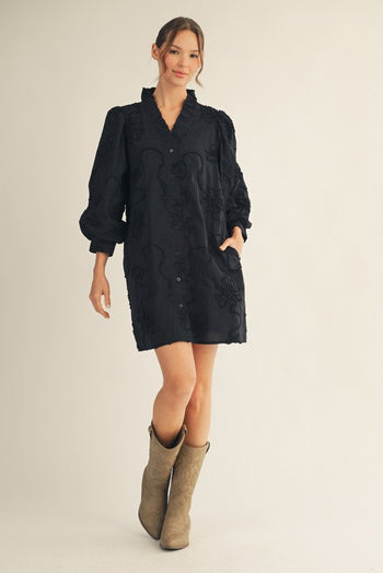 Jodifl 3D Floral Button Down Mini Dress in Black