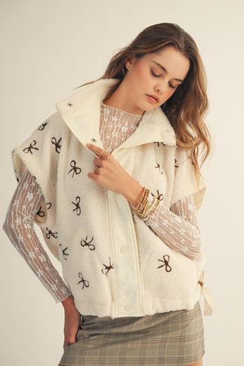 LovLov OVERSIZED Sherpa Vest with Embroidered Bows in Ivory