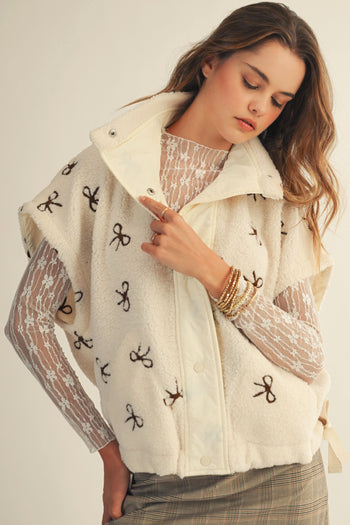 LovLov OVERSIZED Sherpa Vest with Embroidered Bows in Ivory