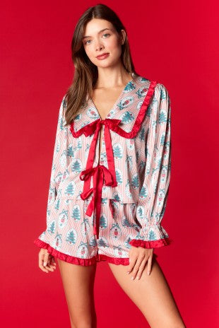 RARERAW Nutcracker and Christmas Tree Printed Pajama Set in Red
