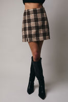 Sunday Edition Plaid Wool Blend Mini Skirt in Taupe-Brown Plaid
