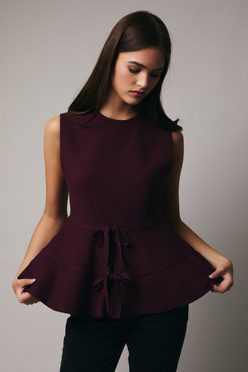Sunday Edition Knit Peplum Bow Tie Top in Plum