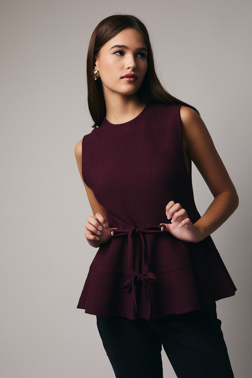 Sunday Edition Knit Peplum Bow Tie Top in Plum