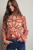 Forte Crochet Floral Pattern Sweater in Rust
