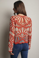 Forte Crochet Floral Pattern Sweater in Rust