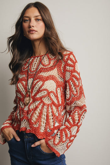 Forte Crochet Floral Pattern Sweater in Rust