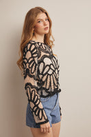 Forte Crochet Floral Pattern Sweater in Black