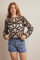 Forte Crochet Floral Pattern Sweater in Black