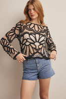 Forte Crochet Floral Pattern Sweater in Black