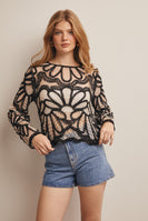 Forte Crochet Floral Pattern Sweater in Black