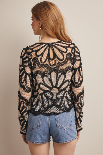 Forte Crochet Floral Pattern Sweater in Black