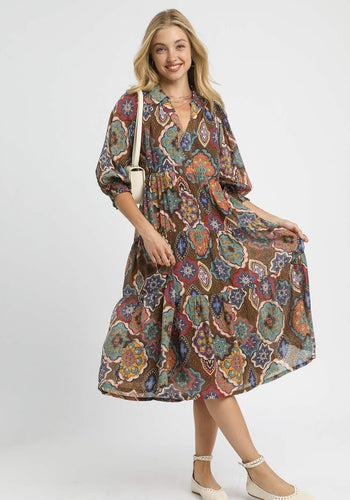 Umgee Mixed Print Midi Dress in Brown Mix