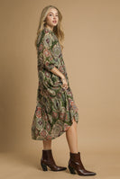 Umgee Mixed Print Midi Dress in Olive Mix
