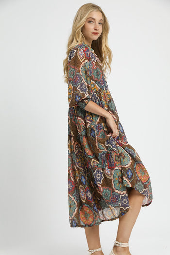 Umgee Mixed Print Midi Dress in Brown Mix