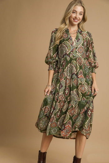 Umgee Mixed Print Midi Dress in Olive Mix
