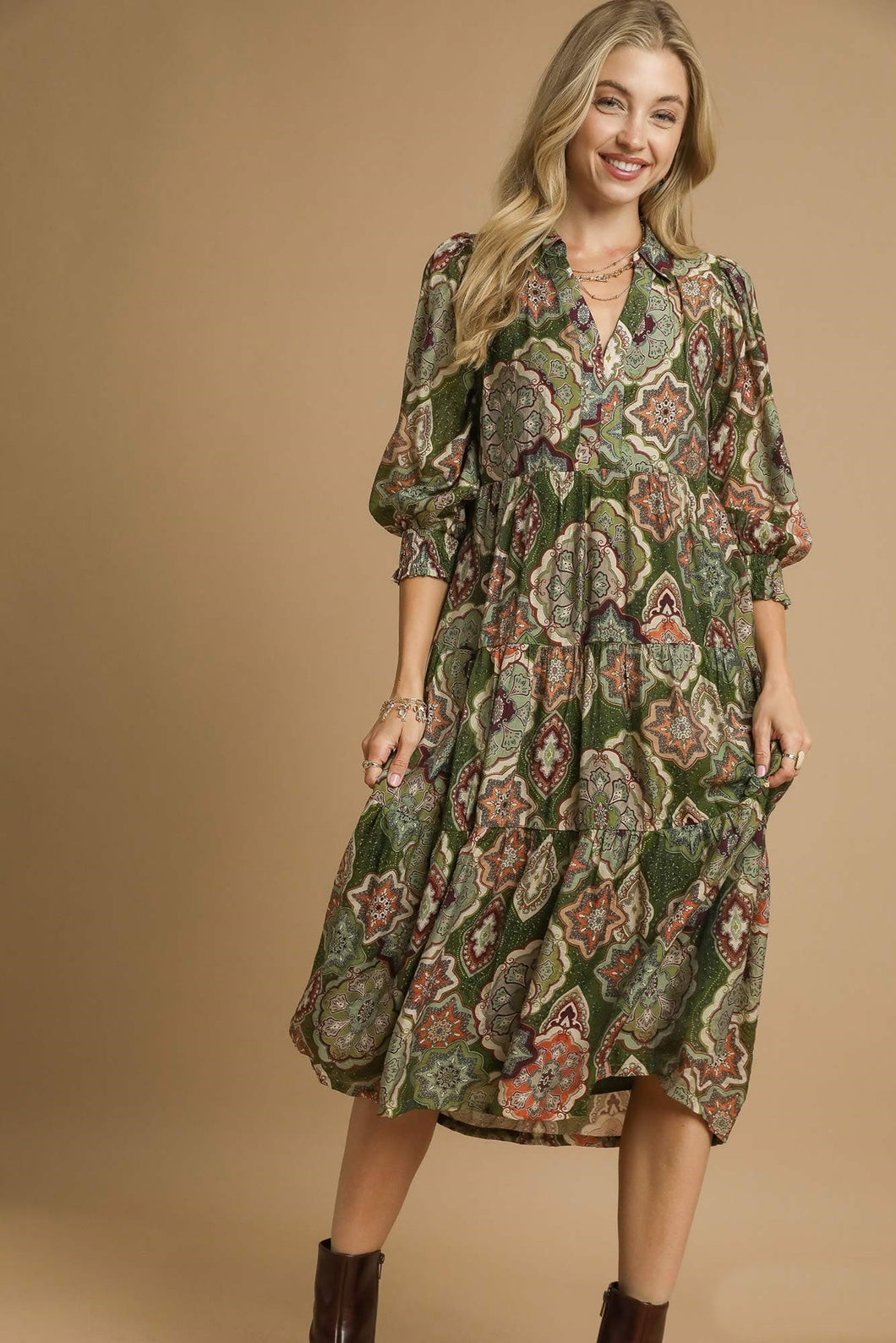 Umgee Mixed Print Midi Dress in Olive Mix
