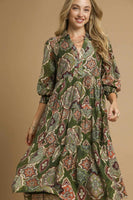 Umgee Mixed Print Midi Dress in Olive Mix