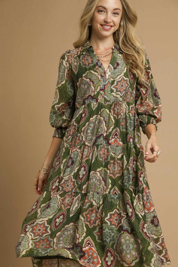 Umgee Mixed Print Midi Dress in Olive Mix