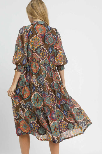 Umgee Mixed Print Midi Dress in Brown Mix