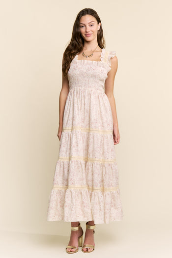 Davi & Dani Flower And Bunnies Print Maxi Dress in Mocha