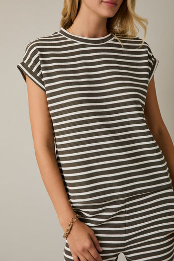 Gilli Contrasting Striped Ribbed Top in Olive-Cream Stripe