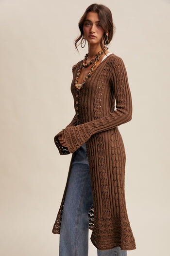 Listicle Crochet Midi Length Cardigan in Mocha
