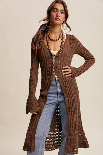 Listicle Crochet Midi Length Cardigan in Mocha