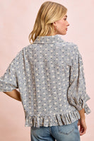 BiBi Floral Embroidery Grid Checked Ruffled Hem Button-Up Top in Navy