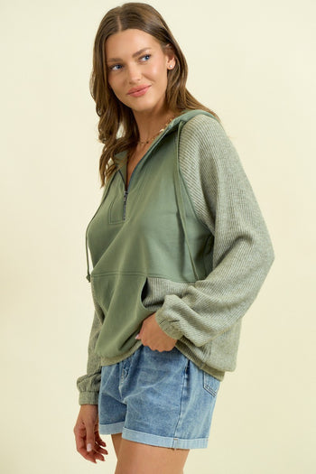 Doe & Rae Fleece French Terry and Soft Rib Knit Jacket in Sage