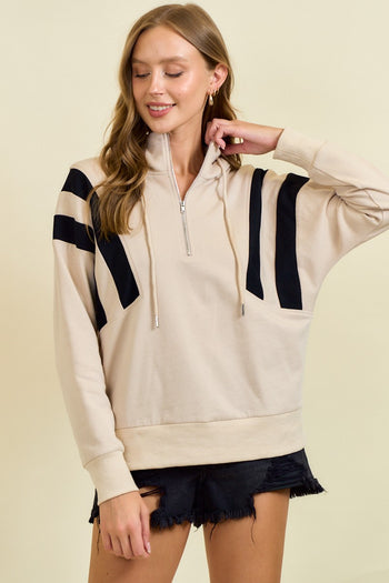 Doe & Rae French Terry Colorblock Half Zip Up Hoodie Sweatshirt in Beige