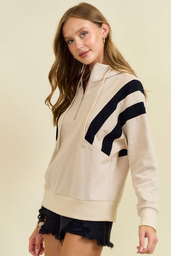 Doe & Rae French Terry Colorblock Half Zip Up Hoodie Sweatshirt in Beige