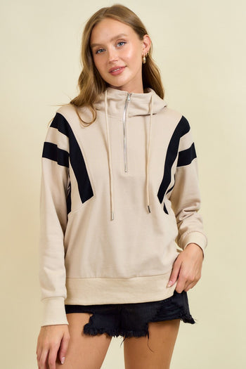 Doe & Rae French Terry Colorblock Half Zip Up Hoodie Sweatshirt in Beige
