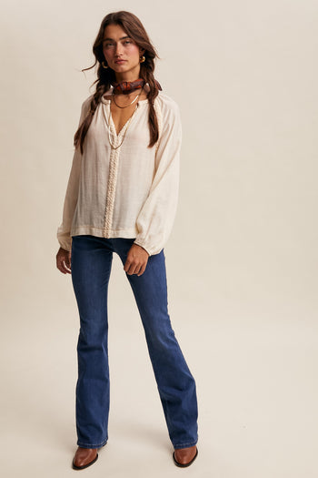 Listicle Braided Trim Peasant Top in Ecru
