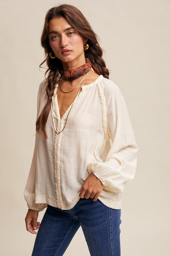 Listicle Braided Trim Peasant Top in Ecru
