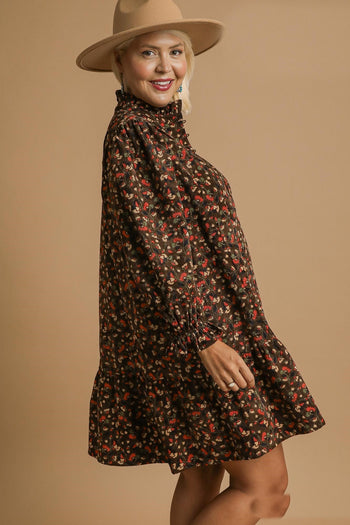 Umgee Floral Print Corduroy Mini Dress in Chocolate Mix